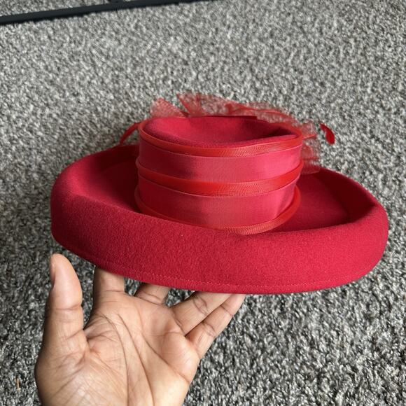 Deborah Fashions Church Derby Fascinator Hat Cap VTG Red Wool Netting Feathers - Picture 4 of 8